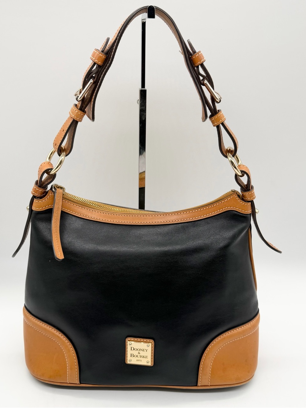 Vintage Dooney & Bourke Leather Large Shoulder Bag Black Brown Gold Hardware